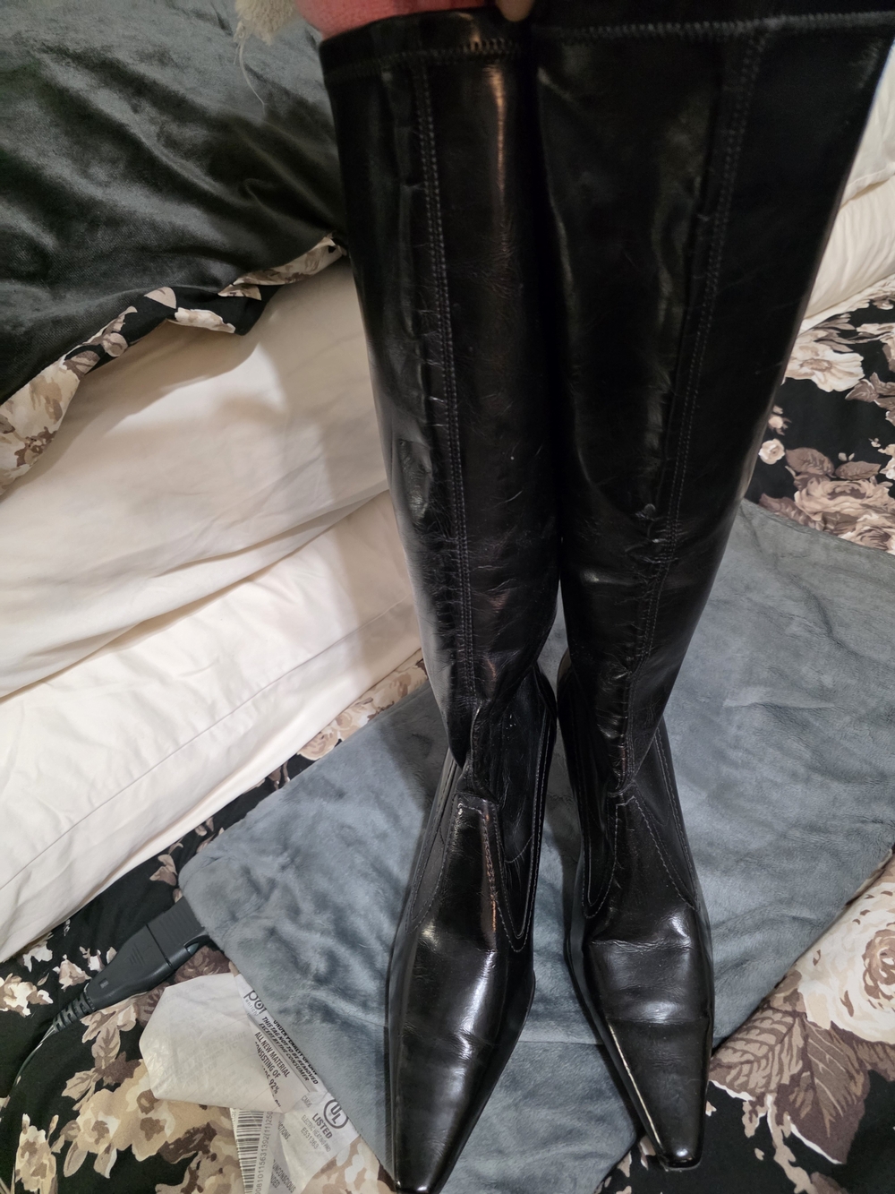 Black Franco Sarto Leather Knee-High Pointed Toe Women's Boots